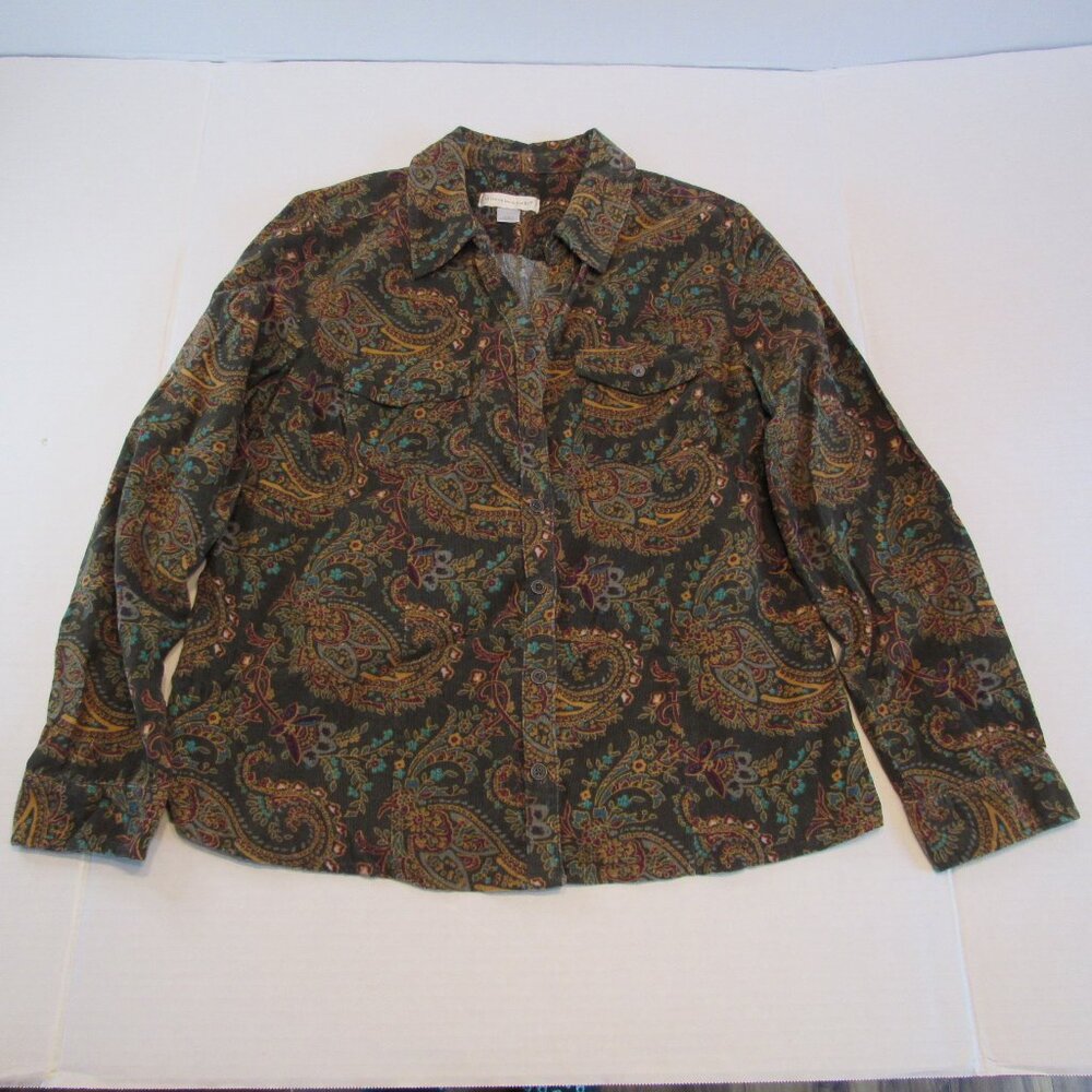 Christopher & Banks Green/Purple/Aqua Corduroy Long Sleeve Button Up Shirt Sz L